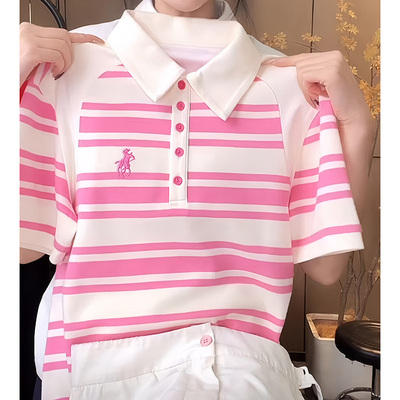 POLO领短袖T恤女翻领条纹打底衫