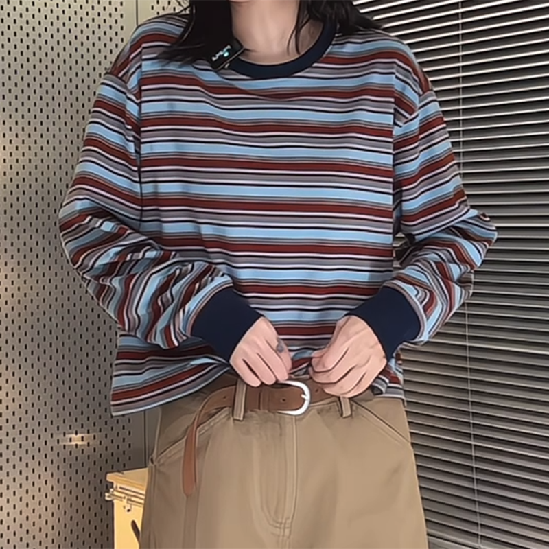 美式条纹慵懒风休闲长袖T恤上衣