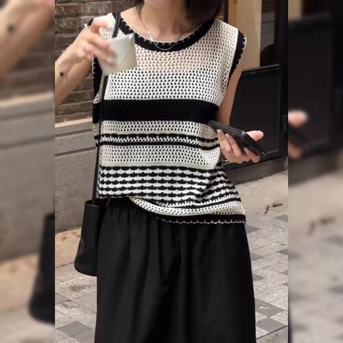 通勤撞色条纹大码显瘦针织背心