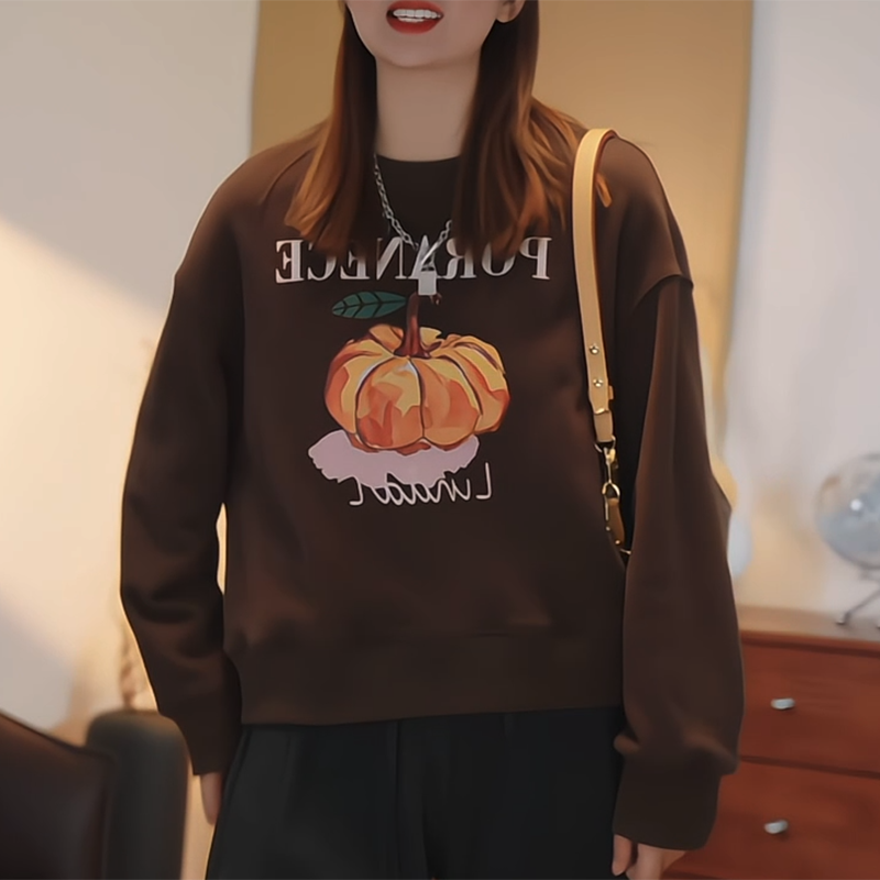 法式短款复古字母印花圆领卫衣女