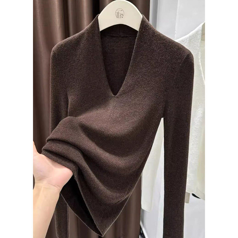 高级感咖色低v领长袖针织衫女美拉德辣妹纯欲风短款紧身毛衣打底,女装/女士精品,大码内搭,淘宝优惠券,粉丝福利购,淘宝优惠卷