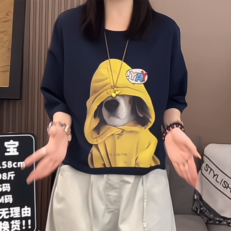 时尚百搭休闲T恤女美式潮流卡通狗狗字母印花半截袖圆领上衣显瘦