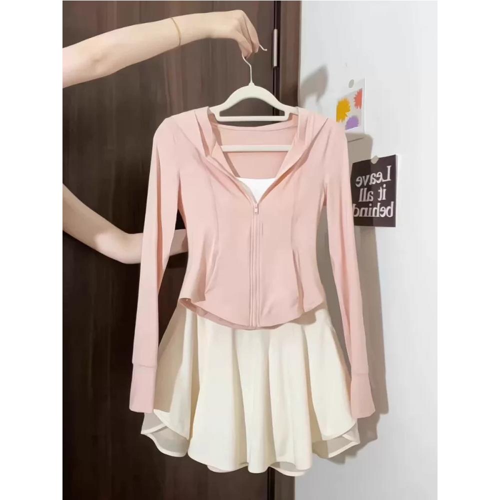 粉色冰丝防晒衣女2025新款修身收腰瑜伽服短款运动上衣小个子外套