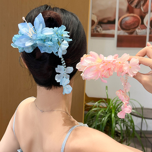 原创【海棠依旧】唯美粉色花朵流苏发夹女夏季度假拍照氛围感发饰