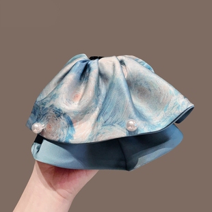 油画风蓝色星空珍珠裙摆马尾抓夹女高级感温柔气质后脑勺发夹头饰