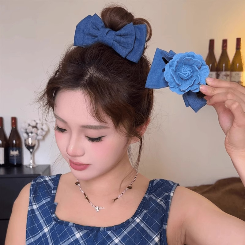 牛仔玫瑰花AB面丸子夹蝴蝶结发夹女2025新款抓夹高马尾固定夹头饰,饰品/流行首饰/时尚饰品新,发饰,淘宝优惠券,粉丝福利购,淘宝优惠卷