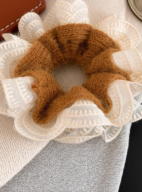 法式桔色毛线针织蕾丝双层大肠发圈女超大丸子头马尾头绳头饰秋冬