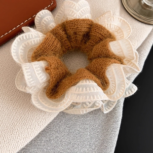 法式桔色毛线针织蕾丝双层大肠发圈女超大丸子头马尾头绳头饰秋冬