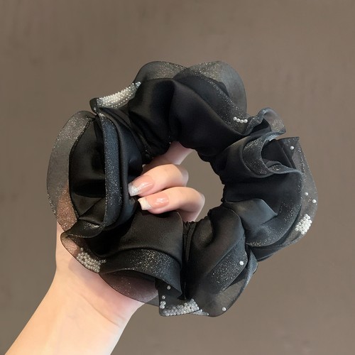 新款欧根纱珍珠大肠发圈气质高级感褶皱头花丸子头绳弹力精致皮筋