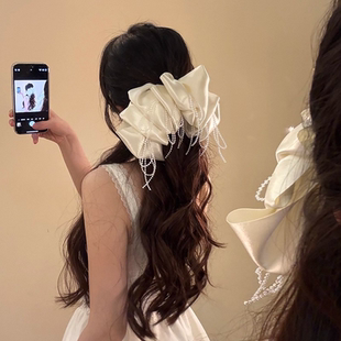 香丝挽柔~高级感珍珠流苏大蝴蝶结弹簧夹发夹后脑勺顶夹气质头花