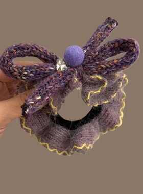温柔甜美紫色毛线花边蝴蝶结发圈无痕弹力马尾头绳韩国丸子头发绳