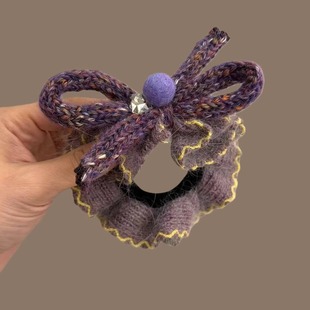 温柔甜美紫色毛线花边蝴蝶结发圈无痕弹力马尾头绳韩国丸子头发绳