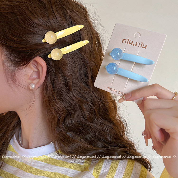 韩系ins新款糖果色发夹侧边对夹碎发刘海夹明亮黄色珠子鸭嘴发卡