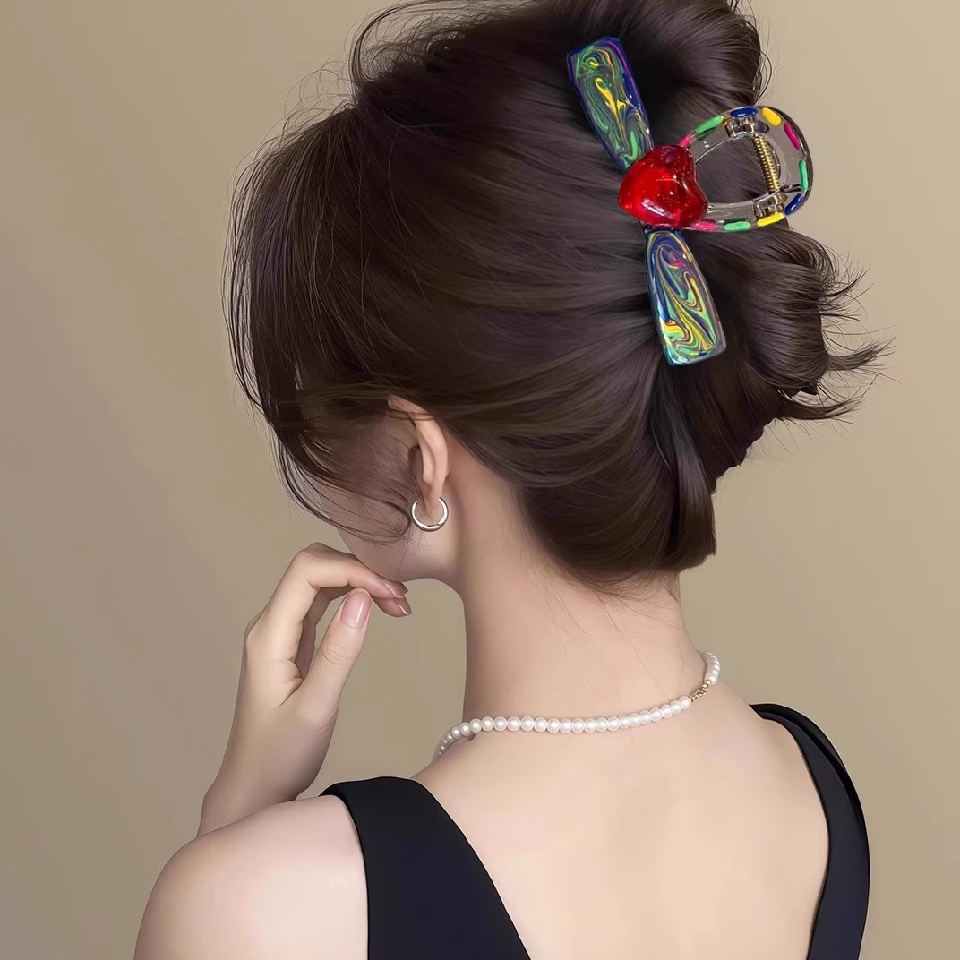七彩绚丽 ~晕染彩色果冻爱心抓夹复古气质蝴蝶结发夹后脑勺盘发器