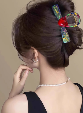 七彩绚丽 ~晕染彩色果冻爱心抓夹复古气质蝴蝶结发夹后脑勺盘发器