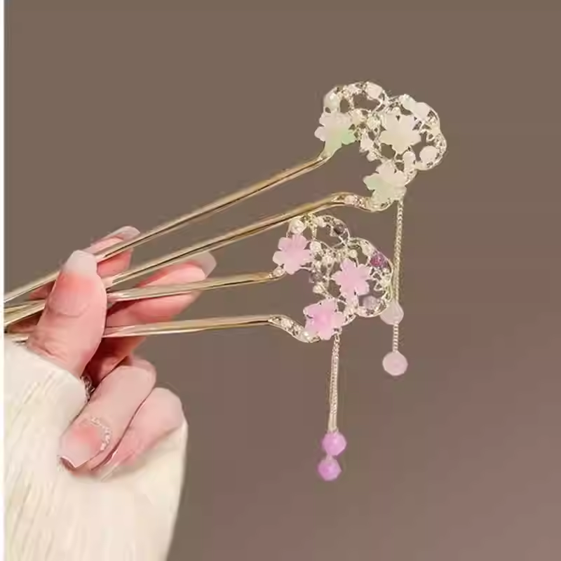 古风繁花流苏发簪女春夏新款时尚国风盘发U型簪子女中式步摇发钗