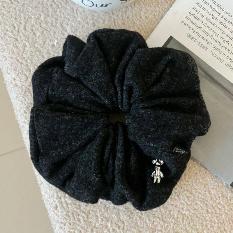 秋冬新款灰色毛呢小熊吊坠大肠发圈柔软质感韩系不伤发头绳发饰