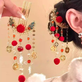 新年红色小财神发髻古风毛球球簪子发钗全套发包头饰组合招财饰品