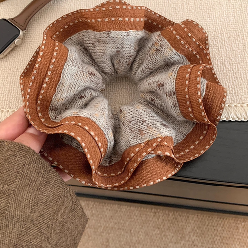 韩系咖色花边针织毛线大肠发圈女慵懒风扎头发超大发饰头绳秋冬