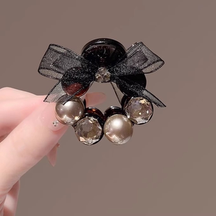 高端蝴蝶结珍珠发夹水晶夹子女高马尾支撑抓夹后脑勺半扎卡子头饰