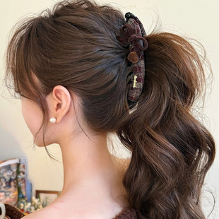 韩系学院纹格蝴蝶结发夹女款时尚高级感秋冬高马尾香蕉夹百搭发饰