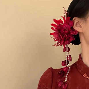 娇艳涟漪~氛围感红色花朵蝴蝶流苏发夹夏日海边侧边夹子盘发头花
