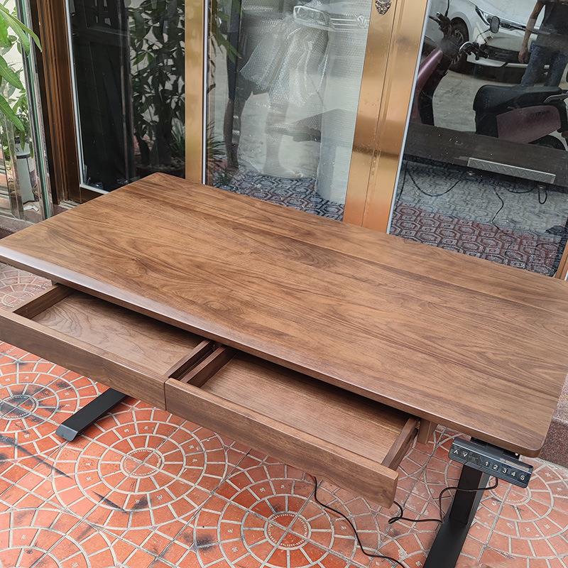 实木电动升降桌工作台黑胡桃木儿童学习带抽屉书桌樱桃木电脑桌子