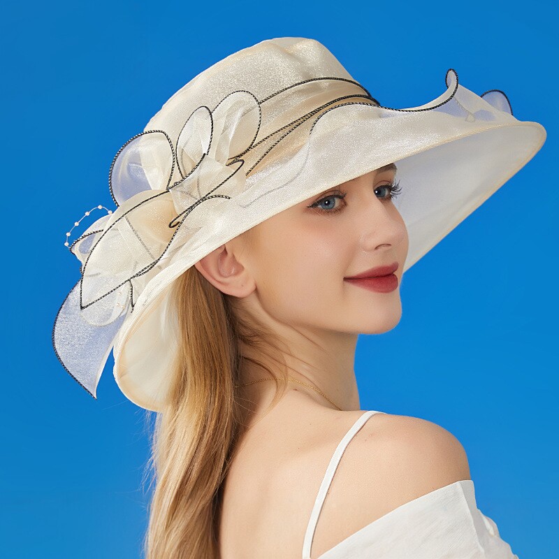 新款防晒帽女士欧根纱纯色大花朵