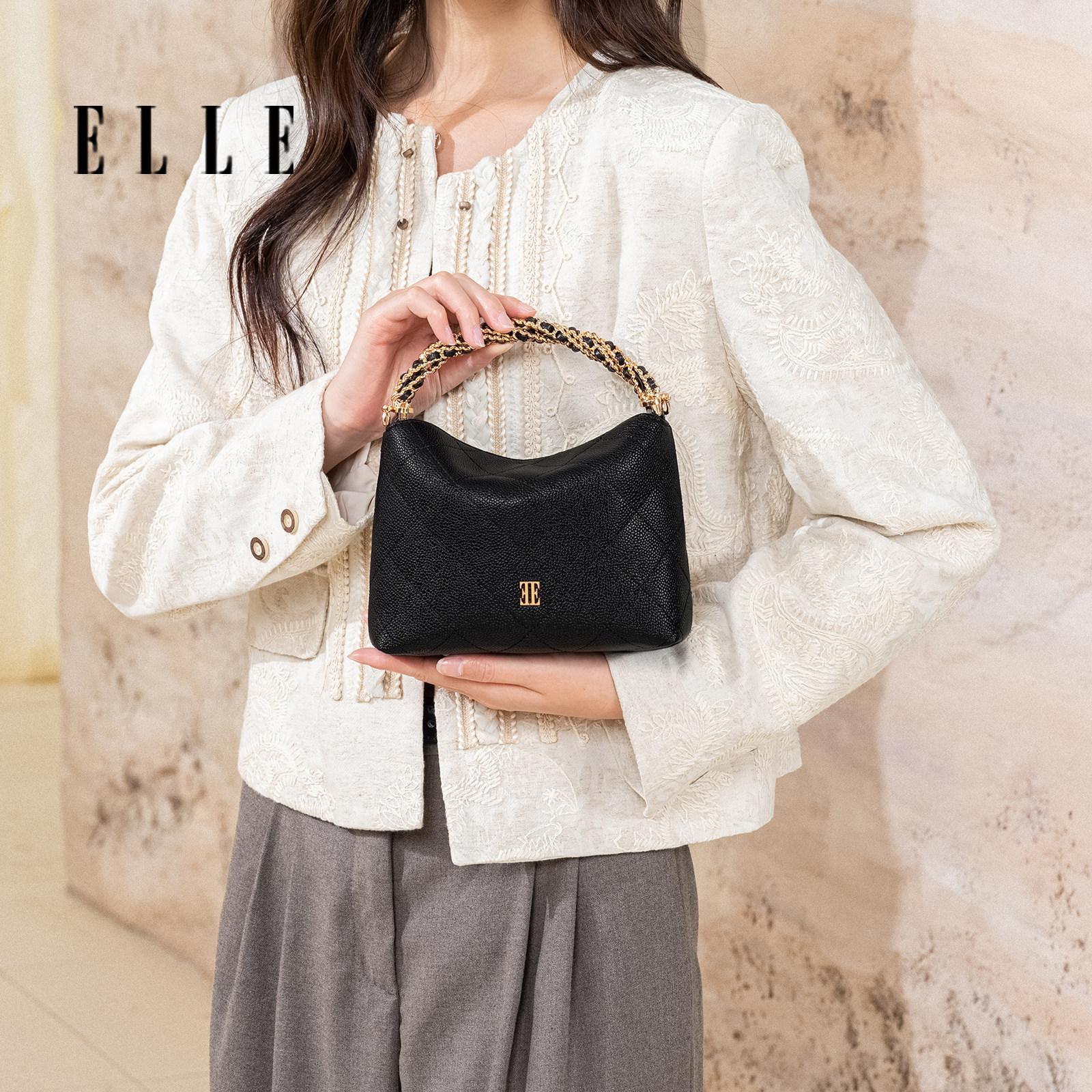 ELLE手提包包女新款菱格贝壳包轻奢小众贵气小拎包通勤单肩斜挎包
