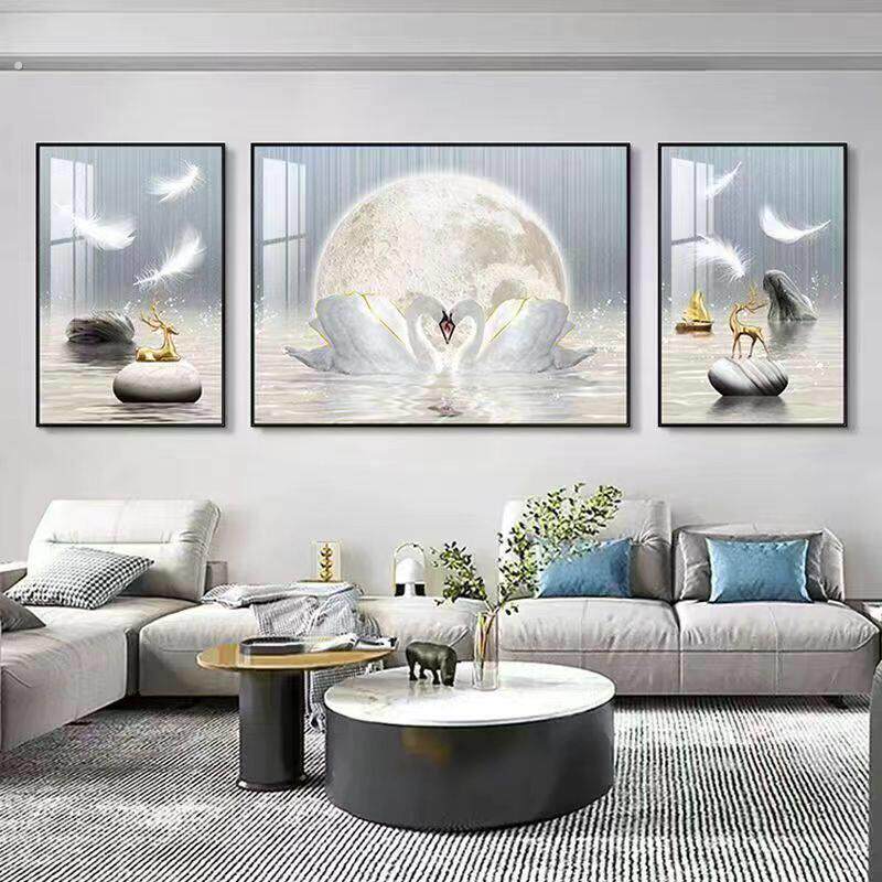 现代轻奢羽毛客厅三联画简约大气免打孔沙发背景墙装饰画墙壁挂画