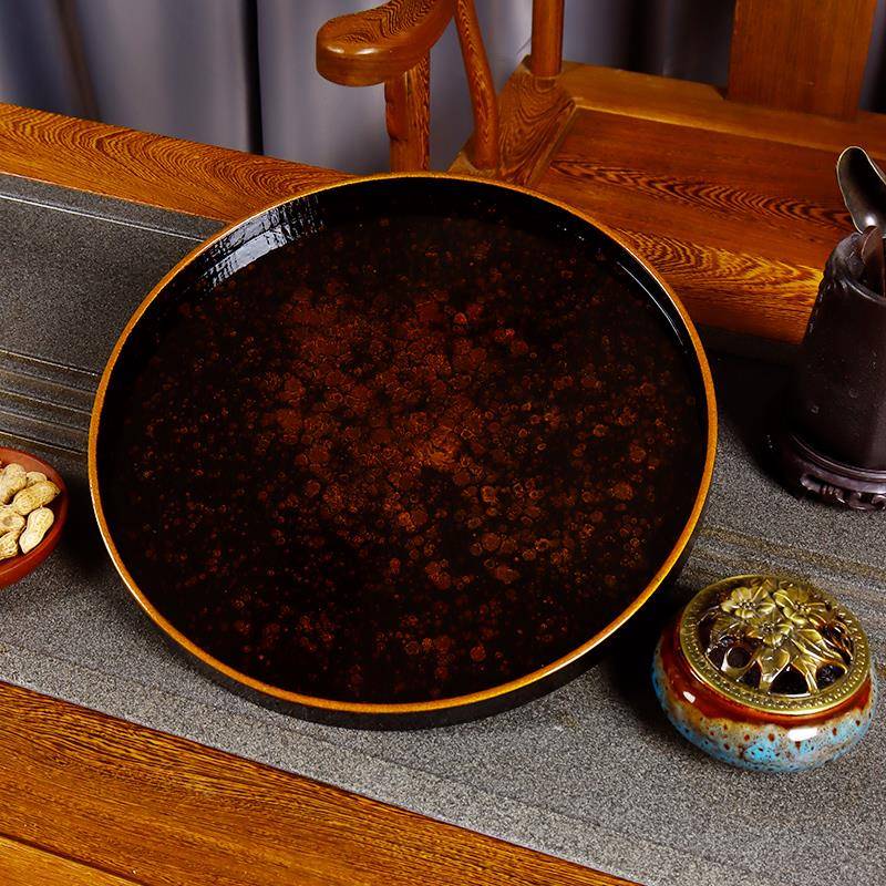 圆形托盘木盘子漆器茶盘滴金大漆工艺30CM直径壶承隔热干泡台壶垫
