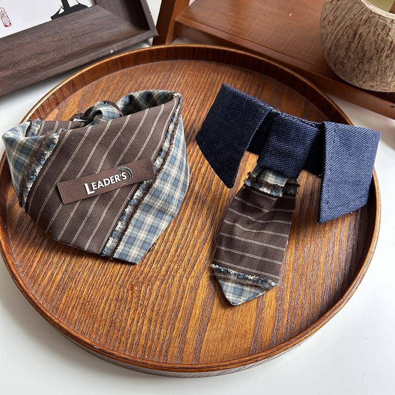 宠物三角巾围巾领带文艺复古拼接方巾围脖猫咪狗狗百搭ins口水巾