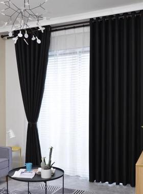 高档加厚棉麻窗89552帘黑色全背遮光室定卧做房间景哑光麻拍照不