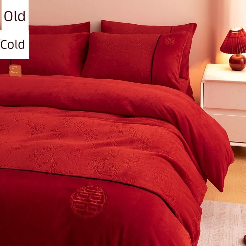 新中式加厚保暖牛奶绒结婚四件套冬季珊瑚绒红色婚庆被套床单床品