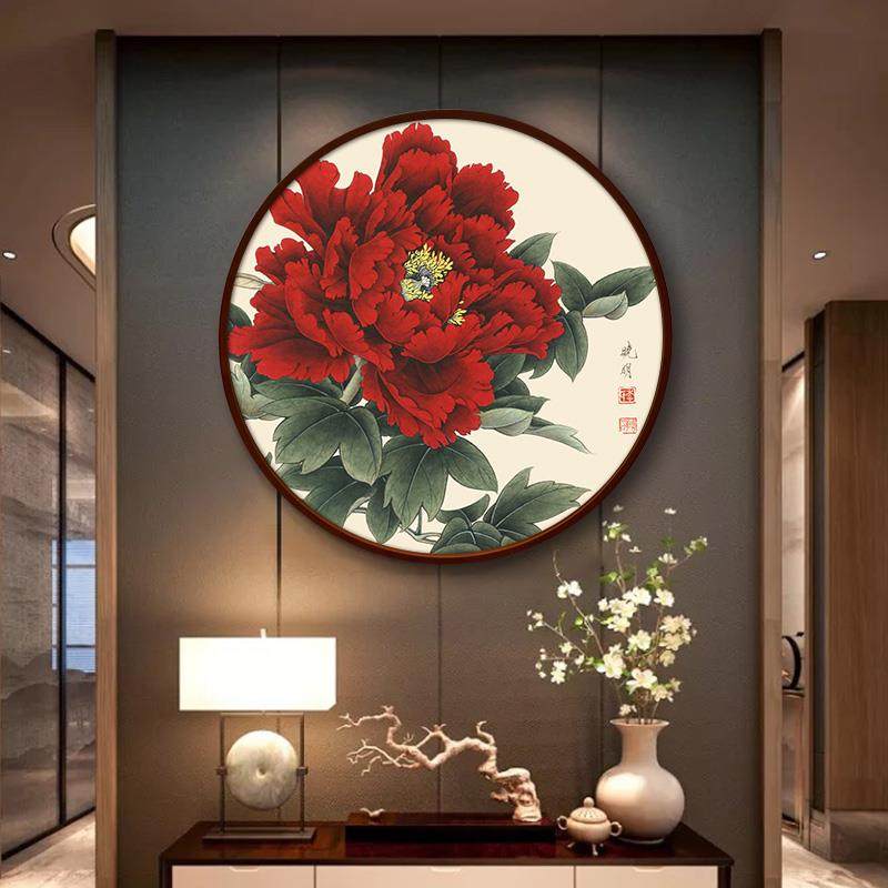 牡丹花挂画 画客厅装饰画 画玄关卧室床头背景圆形新中式壁画 画