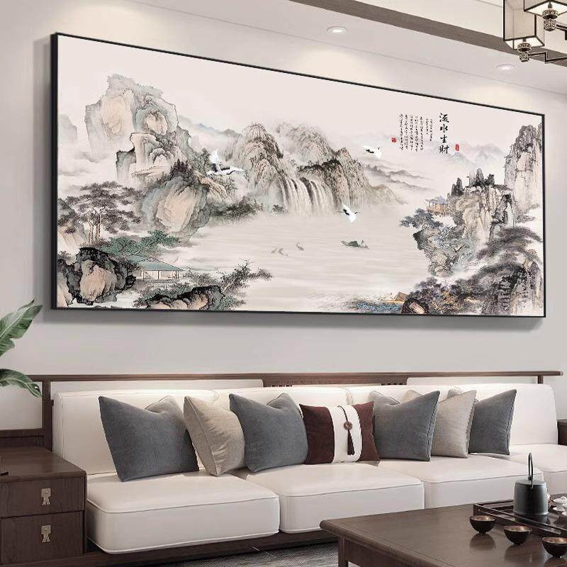 流水生财山水风景挂画靠山图客厅沙发背景墙画装饰字画大气办公室