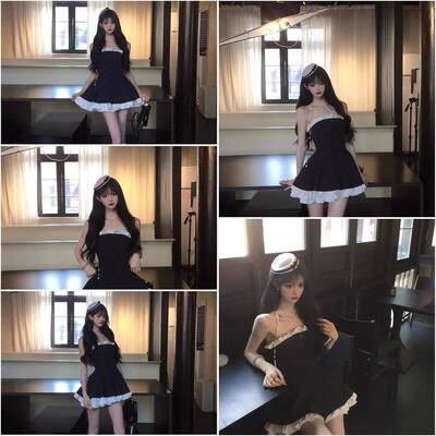 Ballet Hymn黑色抹胸连身裙 少女风收腰蓬蓬裙 蛋糕裙日常穿搭