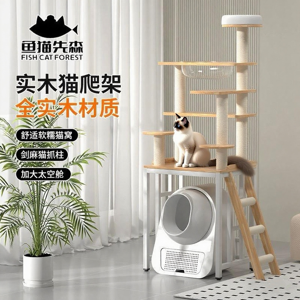 实木猫爬架猫砂盆上方豪华实木