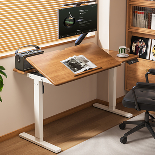 智能电动升降书桌可倾斜中古樱桃木家用学习桌子办公桌手摇电脑桌