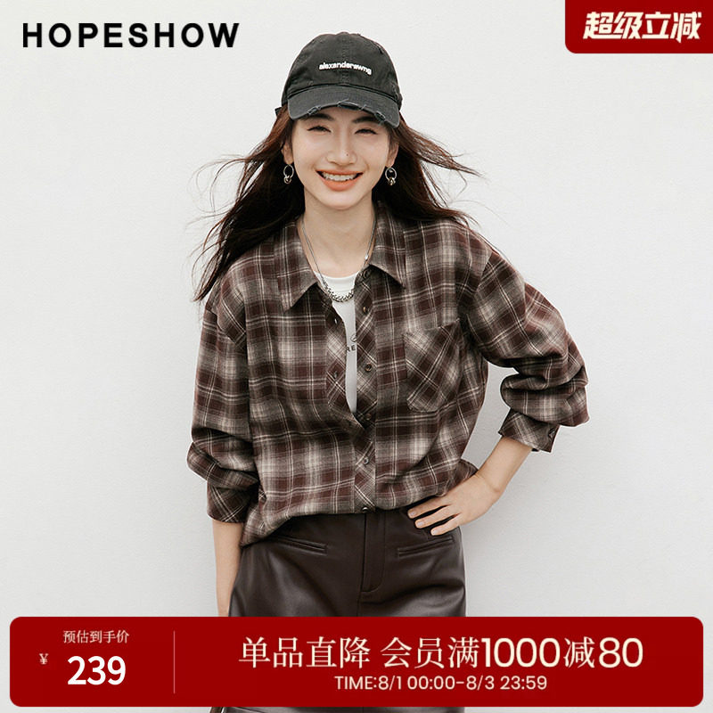 红袖2025冬季新款女装 撞色格纹不对称单排扣落肩翻领衬衫