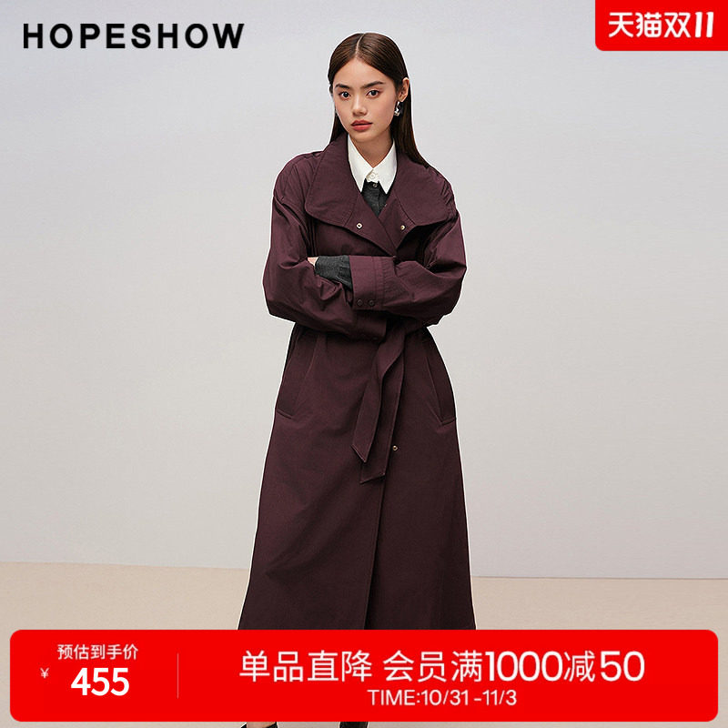 红袖2025秋季新款女装 安可拉红系带长袖两穿立领长款风衣