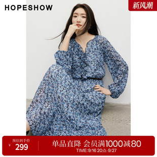 红袖2026春季新款女装 印花雪纺系带荷叶边拼接长袖连衣裙