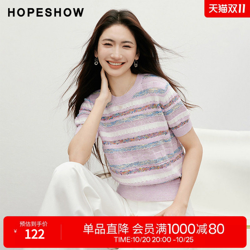 红袖2025夏季新款女装 定制彩纱镂空泡泡袖圆领套头短袖针织衫