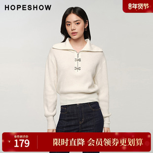 红袖秋季2024新款女装 新中式金属盘扣翻领套头针织衫89124330112