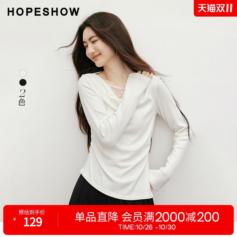 红袖蕾丝拼接不对称荡领T恤女
