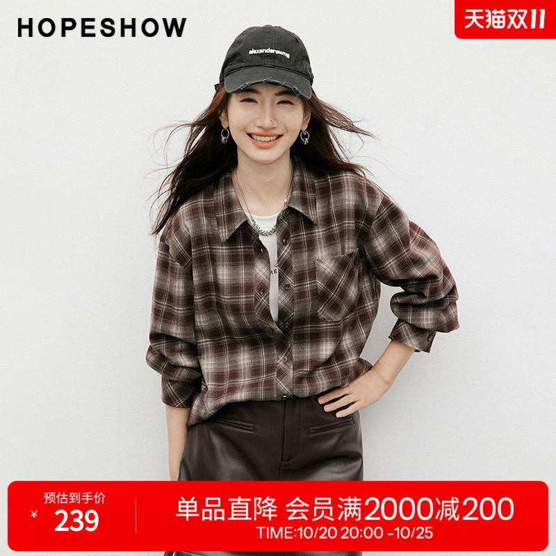 红袖复古格纹不对称单排扣衬衫