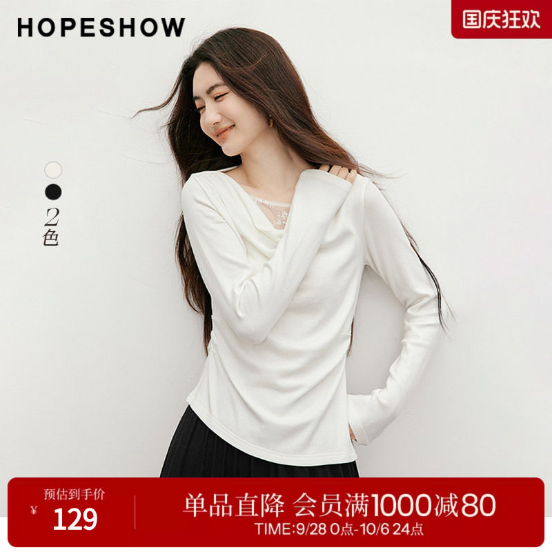 红袖蕾丝拼接不对称荡领T恤女