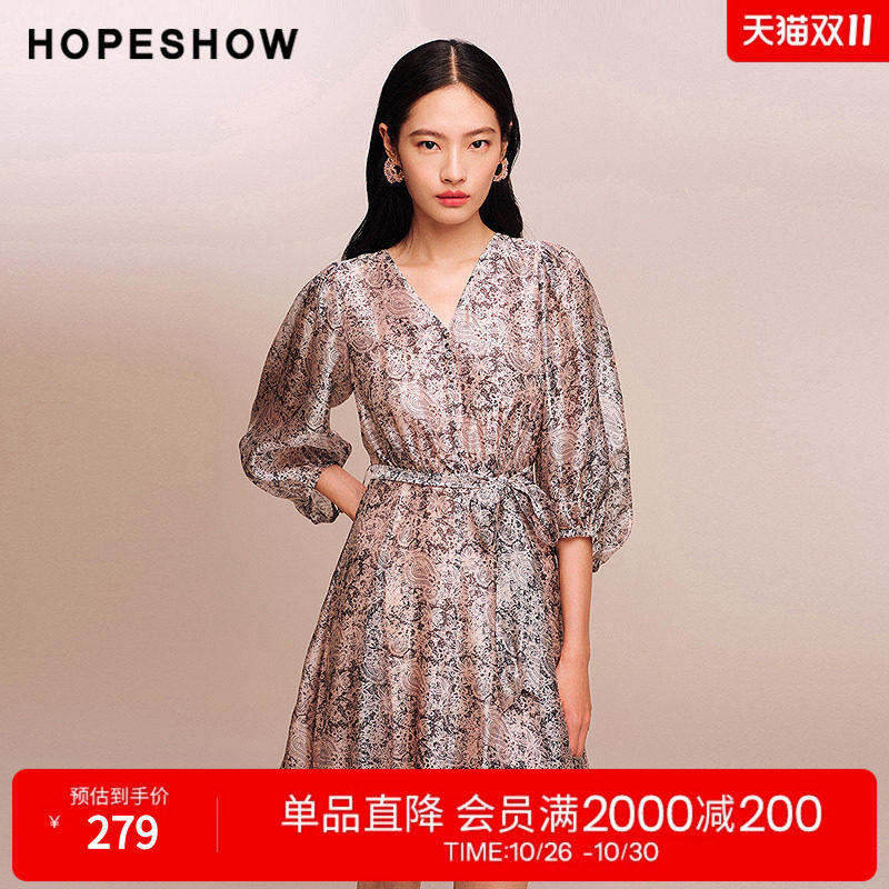 红袖2025秋季新款女装 佩斯利印花系带正肩中袖V领侧拉链连衣裙