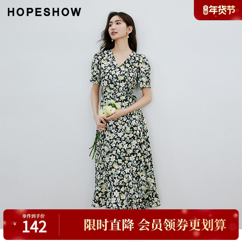 红袖2024夏季新款女装印花泡泡袖收腰V领套头连衣裙