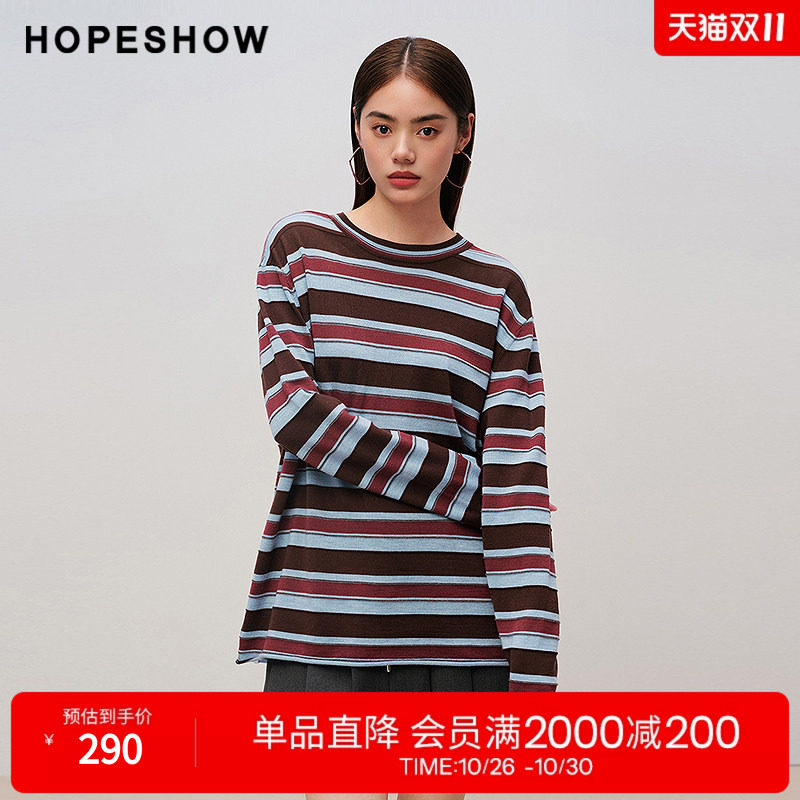 红袖2025秋季新款女装 100绵羊毛撞色条纹落肩长袖圆领套头针织衫
